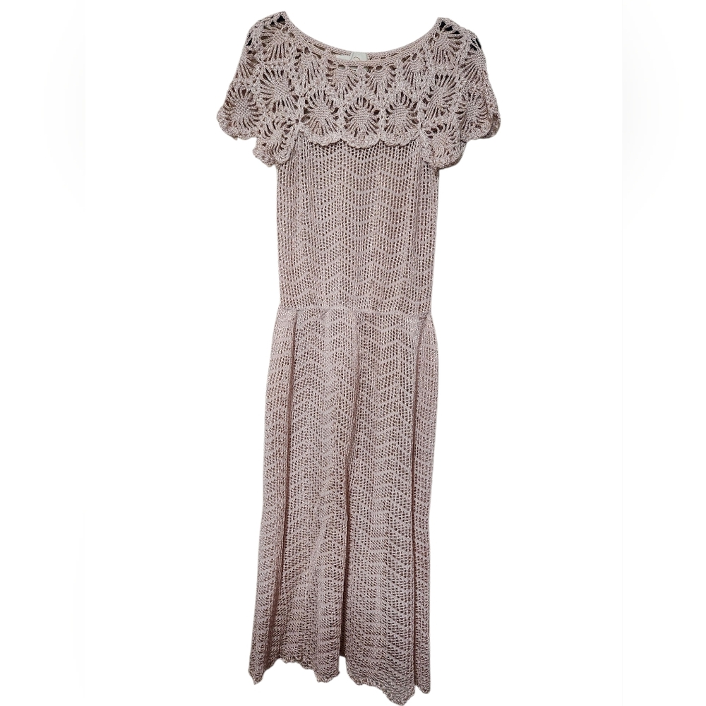 Vintage Oscar de la Renta Blush Wool Open Knit Crochet Sheath Dress Size 8